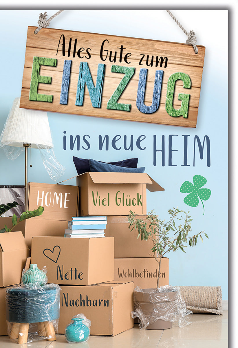 Einzugskarte mit Holzschild-Design, bunte Schrift & Kleeblatt – Perfekt für den Start im neuen Zuhause!