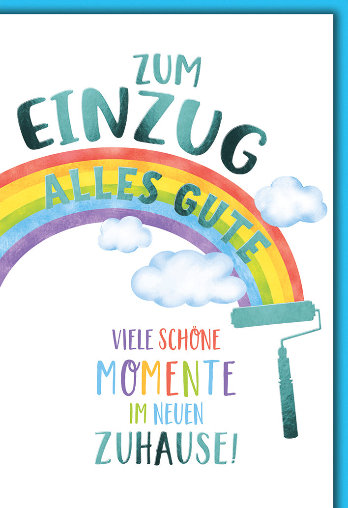 Einzugskarte Modern: Bunter Regenbogen mit Malerrolle und emotionalem Spruch