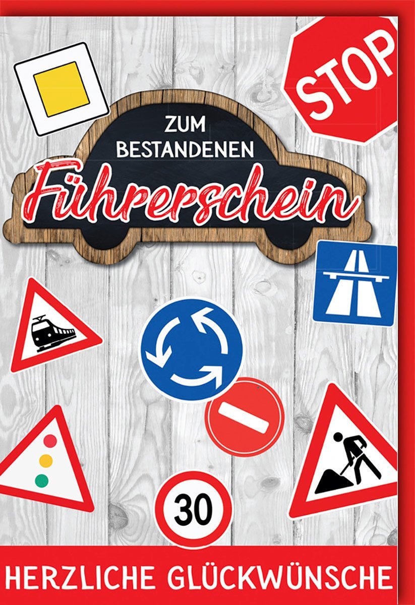 Führerschein Glückwunschkarte: Auto & Verkehrsschild Design – Holzoptik Karte mit Kuvert für bestandene Prüfung