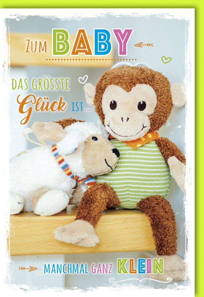 Geburtskarte Baby: Teddy & Schaf Design in Pastellgelb & Grün – Herzliche Grüße für Eltern und Neugeborene mit Kuvert