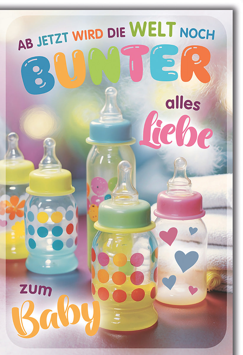 Geburtskarte: Bunte Flaschen & Herzmotive – Verspielte Farben für Neugeborene und Elternfreude