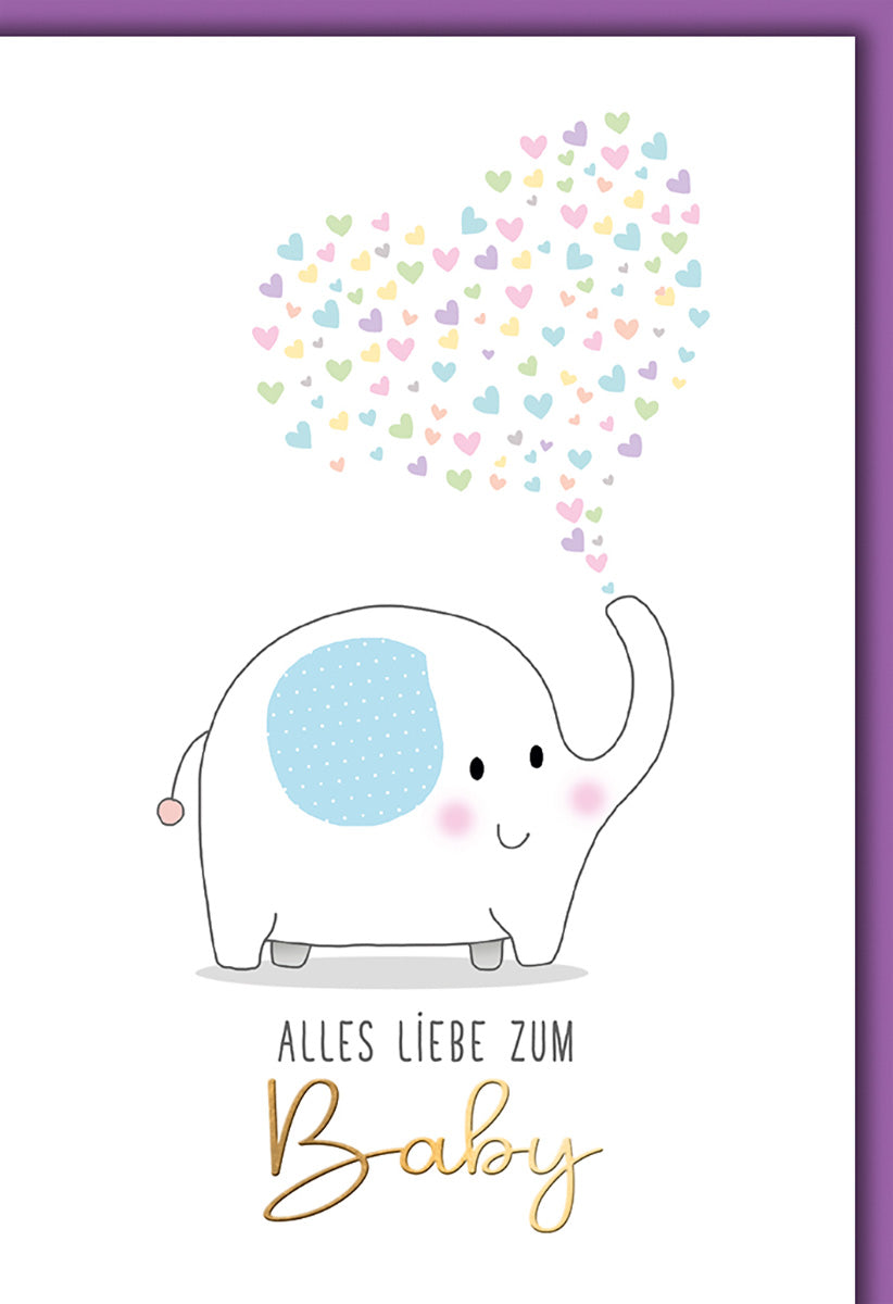 Geburtskarte Elefant mit Herzregen – Pastellfarben, niedlicher Stil für Jungen und Mädchen