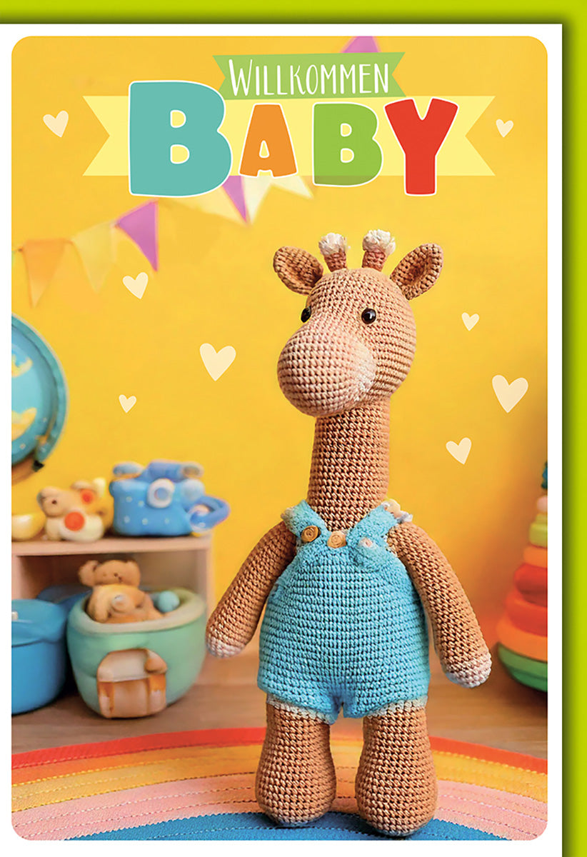 Geburtskarte für Babys: Bunte Giraffe im Häkel-Look mit Herzen und Spielzeug, Willkommen Baby