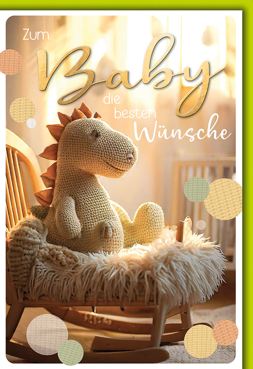 Geburtskarte für Babys: Niedlicher Dinosaurier im Strick-Design, sanfte Pastellfarben, liebevolle Details