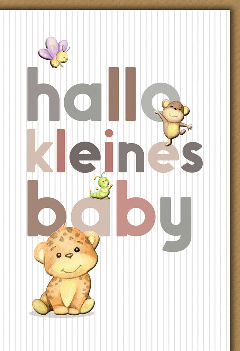 Geburtskarte für Babys: Niedlicher Tier-Motivmix mit pastellfarbenen Buchstaben und Streifenmuster