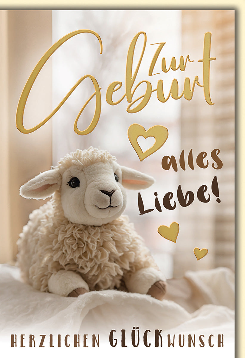 Geburtskarte für Babys: Niedliches Schaf-Motiv, Goldakzente, Herz-Design – Liebevolle Glückwünsche