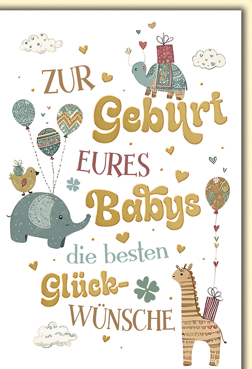 Geburtskarte für Babys: Verspielte Tiermotive mit Elefant und Giraffe in sanften Pastelltönen