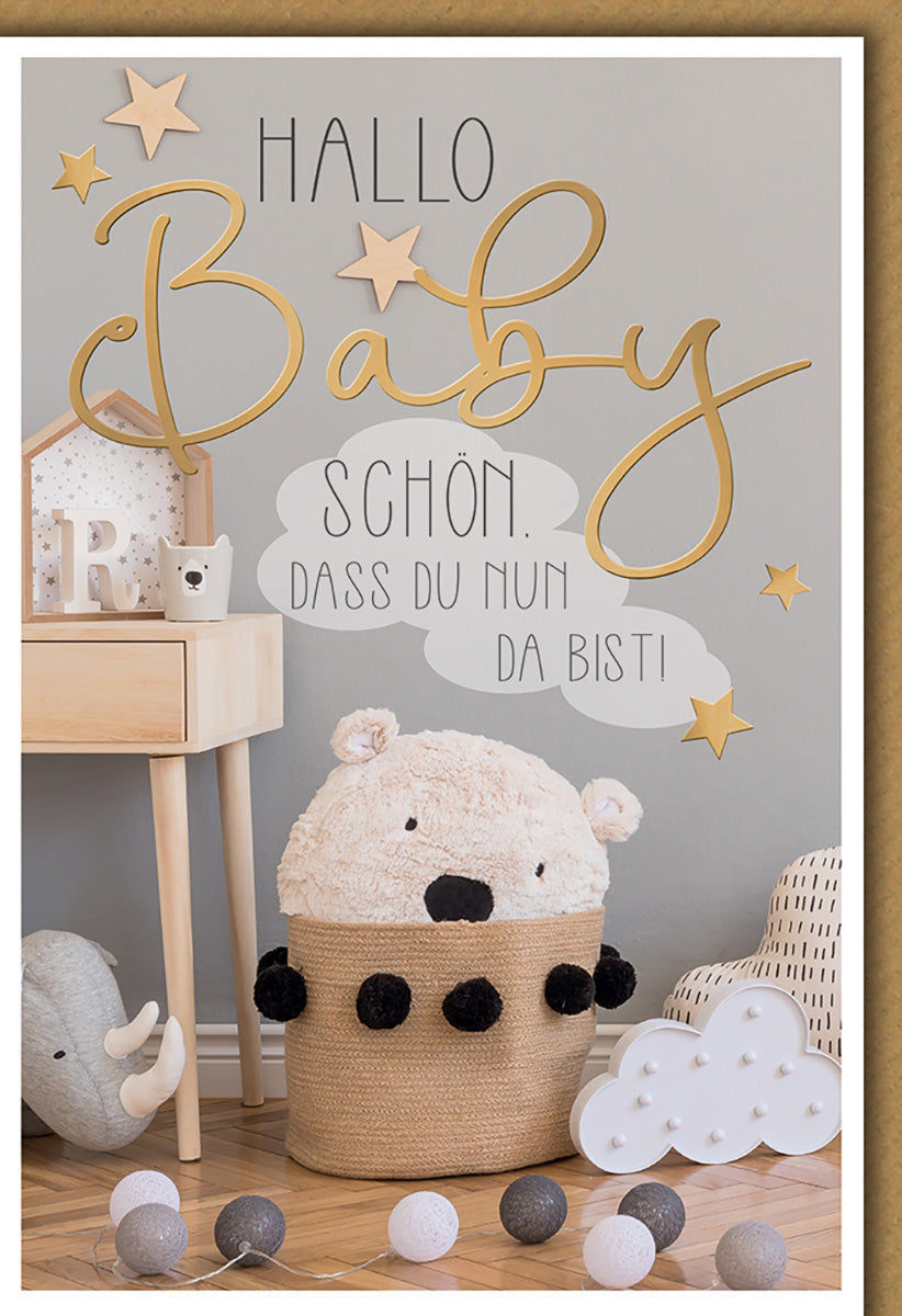 Geburtskarte für Babys: Verspieltes Design mit Bärenmotiv, Sternen und sanften Erdtönen für Jungen und Mädchen