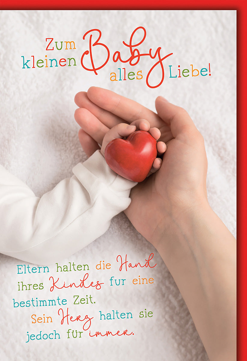Geburtskarte für Eltern: Herzliche Glückwünsche mit Babyhand und rotem Herzmotiv in sanften Farben