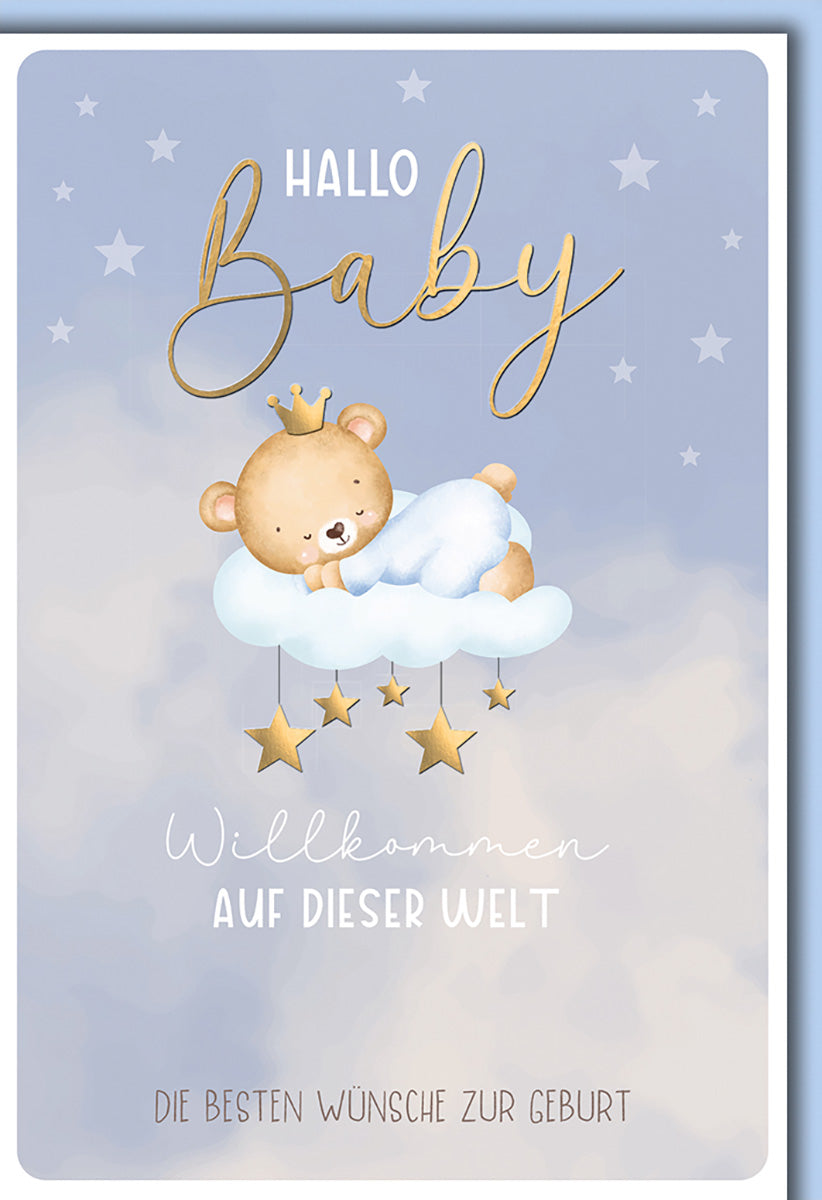 Geburtskarte für Jungen: Niedlicher Bär auf Wolke, sanfte Blautöne, goldene Akzente, liebevolle Botschaft