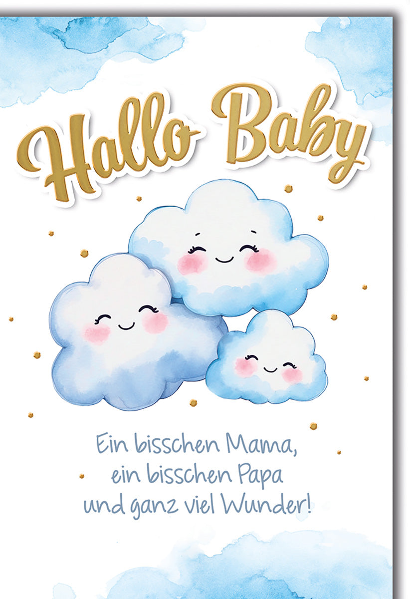 Geburtskarte für Jungen: Verspielte Wolkenfamilie in sanften Blautönen mit goldenen Akzenten