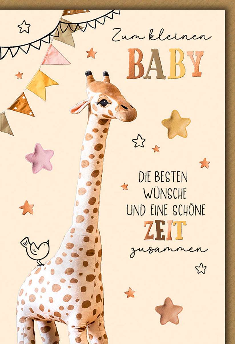 Geburtskarte für Mädchen & Jungen: Verspielte Giraffe, Pastellfarben, Sterne & Wimpelmotiv