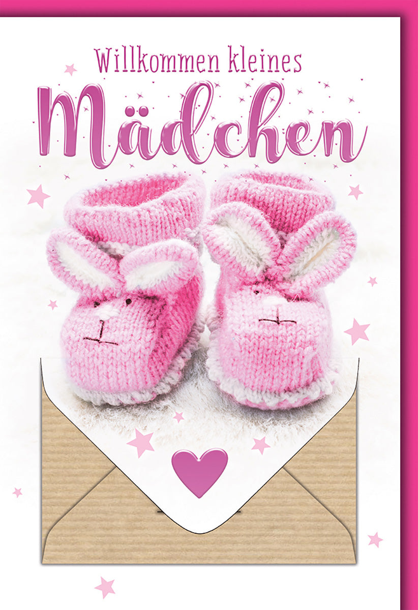 Geburtskarte für Mädchen – Rosa Strickschuhe & Herzmotiv, Willkommenstext, Liebevoll & Verspielt