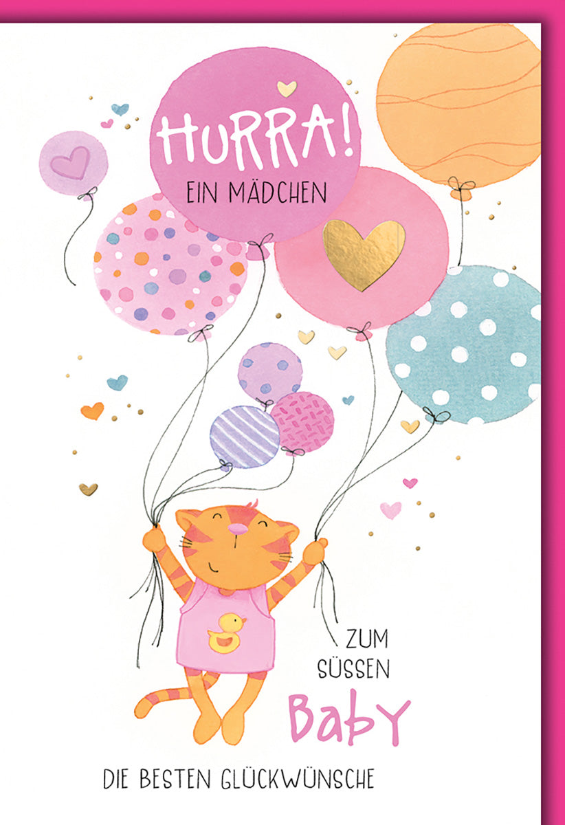 Geburtskarte für Mädchen – Süßes Katzenmotiv mit bunten Luftballons und goldenen Akzenten