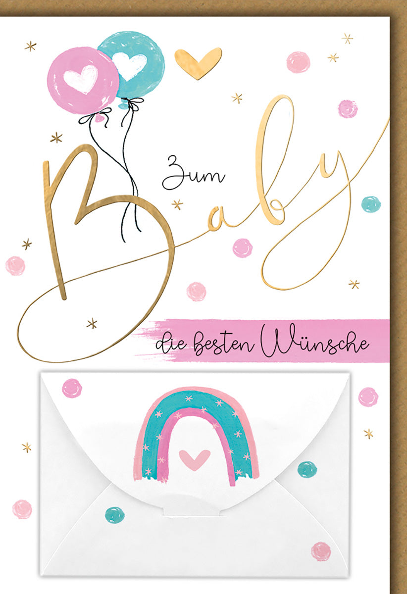 Geburtskarte für Mädchen – Verspieltes Design mit Ballons & Regenbogen in Rosa und Türkis