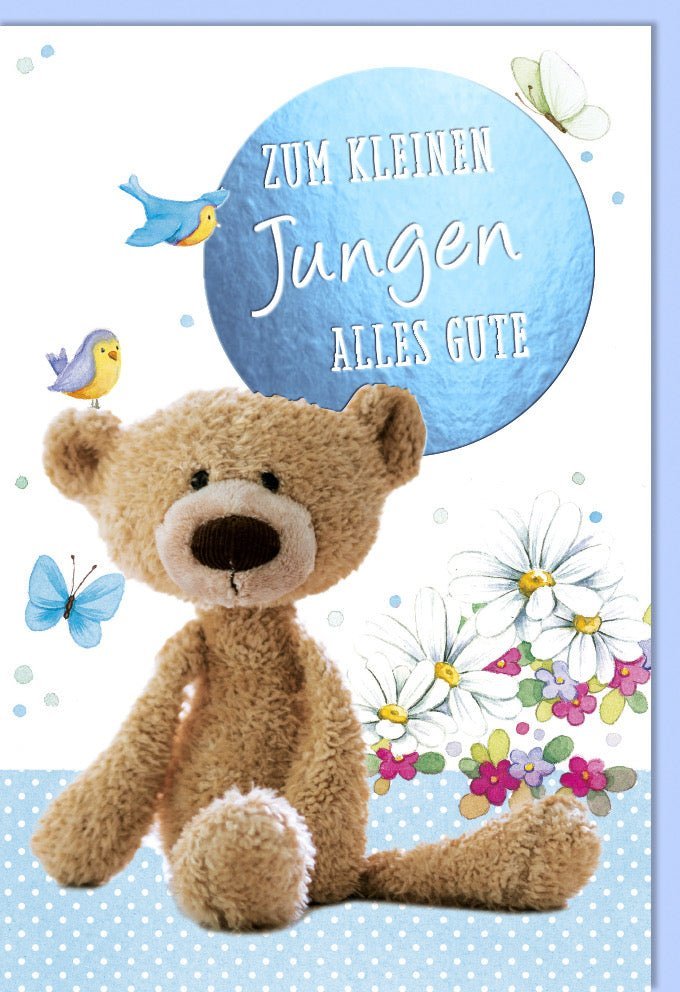 Geburtskarte für Jungen: Blaue Teddybär Babykarte zur Geburt mit Folienprägung – Glückwunsch & Gruß zum Babyglück und Kuvert