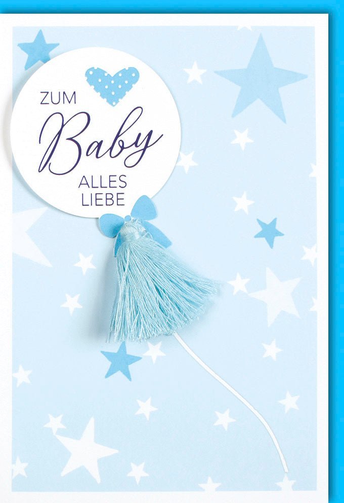 Geburtskarte Junge mit blauen Sternen & Folienprägung - Für Neugeborene & Eltern, inkl. Kuvert & Applikation
