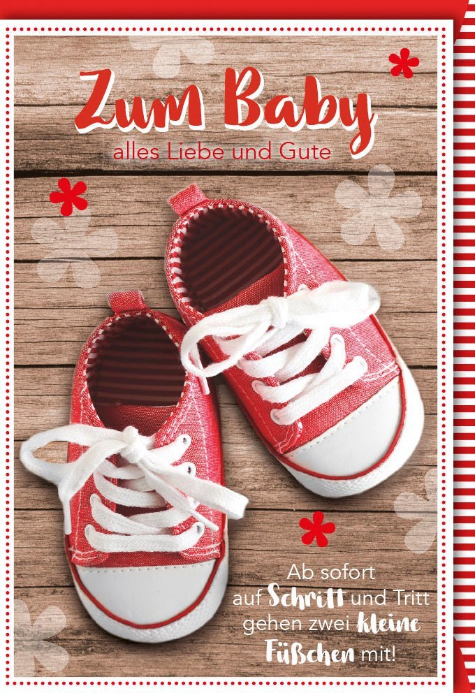 Babykarte La Vida: Herzliche Glückwünsche zur Geburt, rote Babyschuhe in Holzoptik – Mit Kuvert. Ideal für Babyshower & Geburtstag.