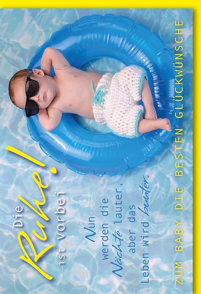 Geburtskarte Jungen – Humorvolle Glückwünsche zum "Willkommen Neues Leben" mit blauem Babyparty-Design und passendem Kuvert