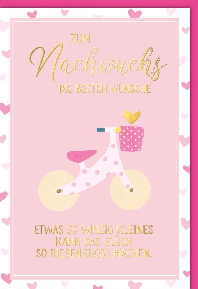 Geburtskarte Mädchen - "Winzig Klein, Großes Glück" Rosa mit Laufrad-Motiv & Folienprägung, inkl. Kuvert