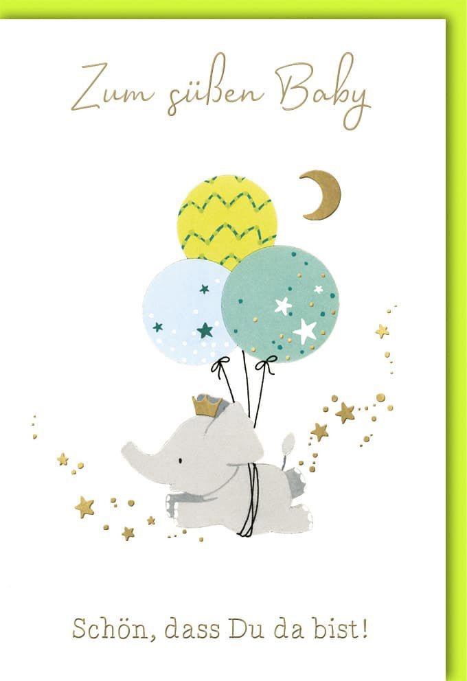 Geburtskarte – Elefant, Ballons & Mond in Grün/Gelb | Naturkarton, Folienprägung, Blindprägung für stolze Eltern