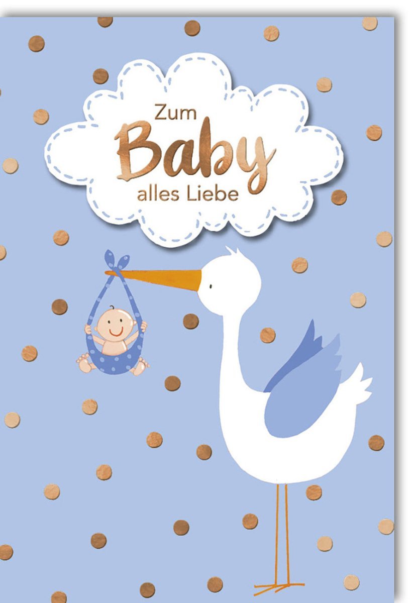 Geburtskarte Junge mit Storch-Motiv & Naturkarton | Himmelblaues Design für Neugeborene – Inkl. Kuvert. Zum Baby alles Liebe