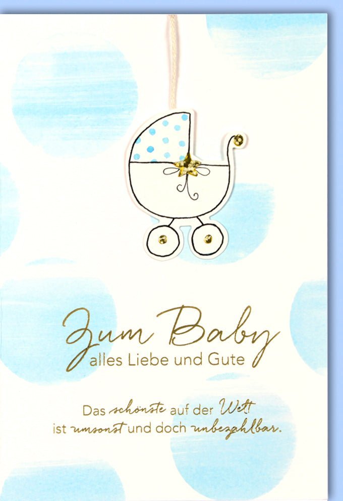 Geburtskarte Junge mit Kinderwagen-Motiv: Hellblaue Glückwunschkarte mit Naturkarton & Folienprägung – Einzigartiger Gruß zur Babyshower