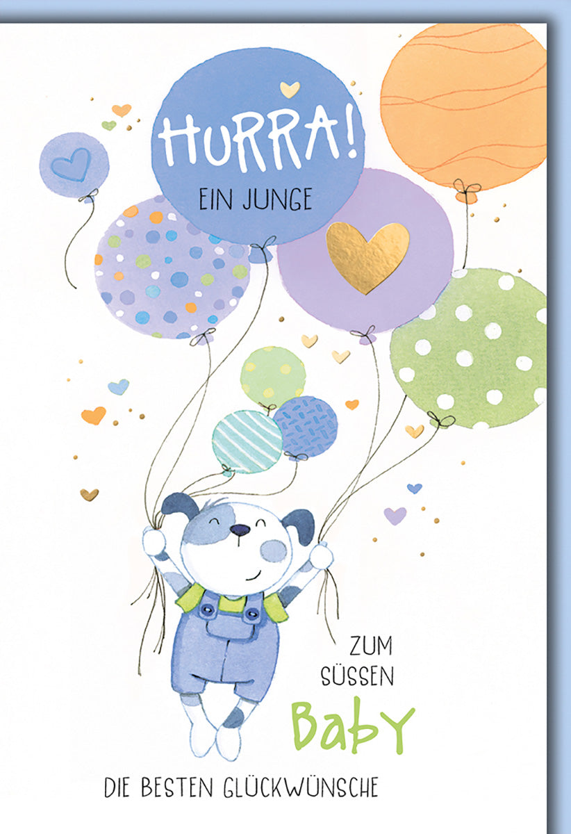 Geburtskarte Junge – Niedlicher Bär mit Ballons in Pastellfarben und Goldakzenten für Neugeborene