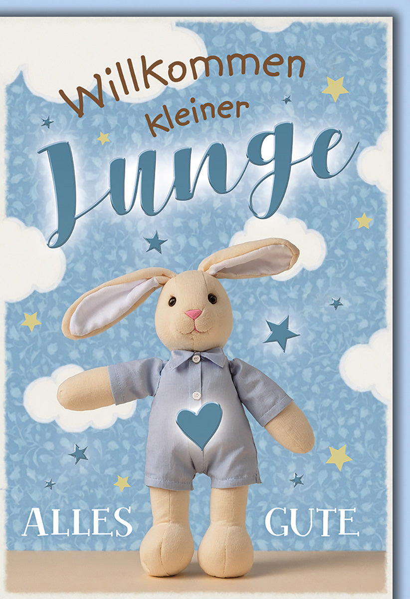 Geburtskarte Junge – Niedliches Hasenmotiv, Wolkenhimmel in Blau, Perfekt zur Geburt eines Sohnes