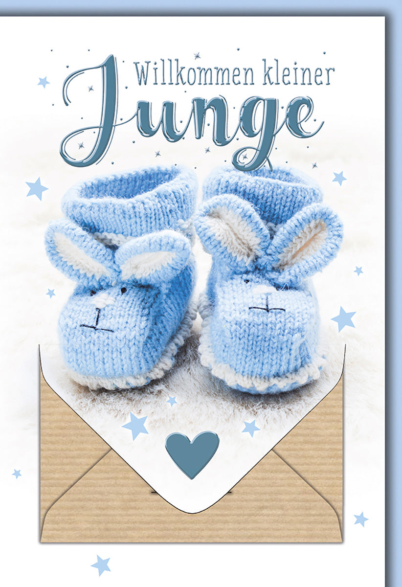 Geburtskarte Junge: Süße Strickschuhe in Blau mit Sternenmotiv – Herzlich Willkommen Baby!