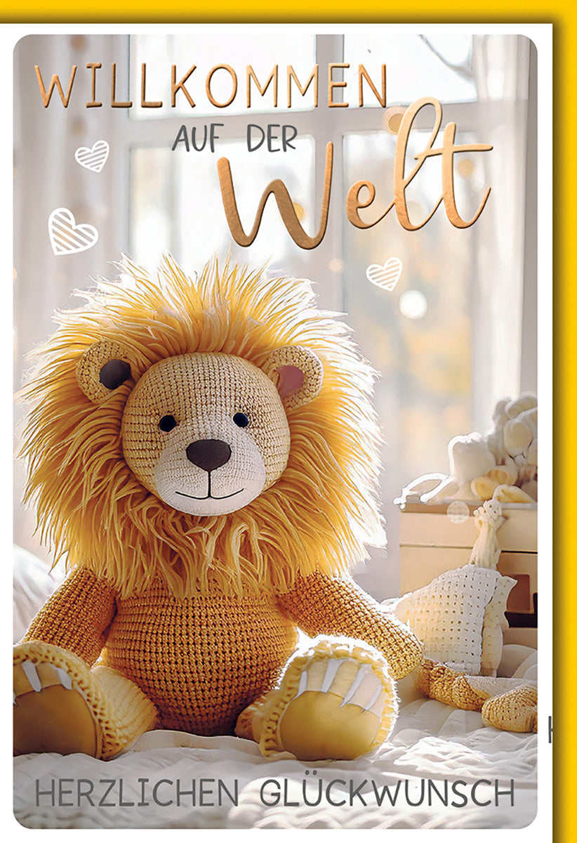 Geburtskarte Löwenmotiv – Niedlicher Strick-Löwe in Gelb, Herzchen-Design, für Jungen und Mädchen