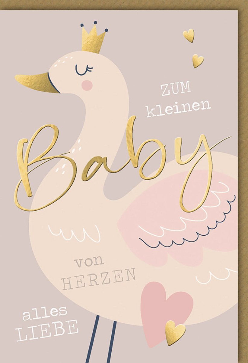 Geburtskarte Mädchen – Glückwunschkarte mit Storch & Krone, Rosa Gold Pastell, Babykarte für Eltern und Großeltern, Willkommen Neugeborene