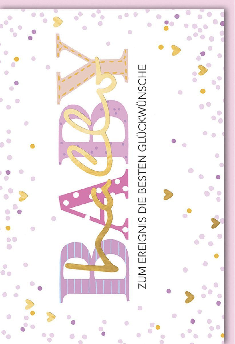 Geburtskarte Babyparty: Rosa Gold Konfetti mit Folienprägung – "Hallo Baby" Glückwünsche für Neugeborene