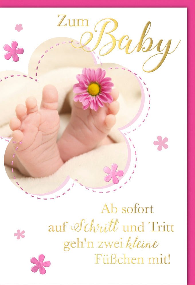 Geburtskarte Mädchen: Herzliches Design mit Babyfüßen & Blumen – Rosa Glückwunschkarte für Neugeborene, inkl. passendem Kuvert