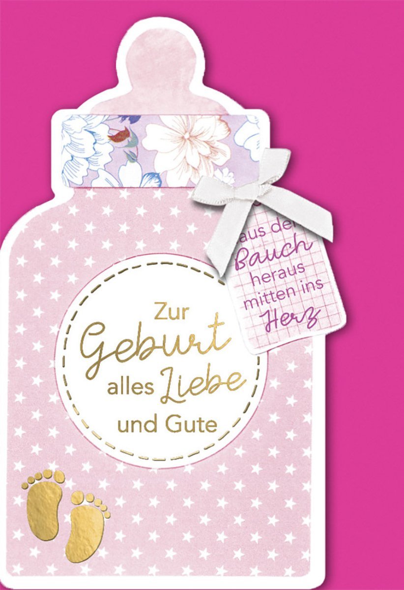 Geburtskarte Mädchen: Babyfüße & Rosa Blumenmuster – Herzliche Glückwünsche zur Geburt, Babyflasche Motiv & Kuvert