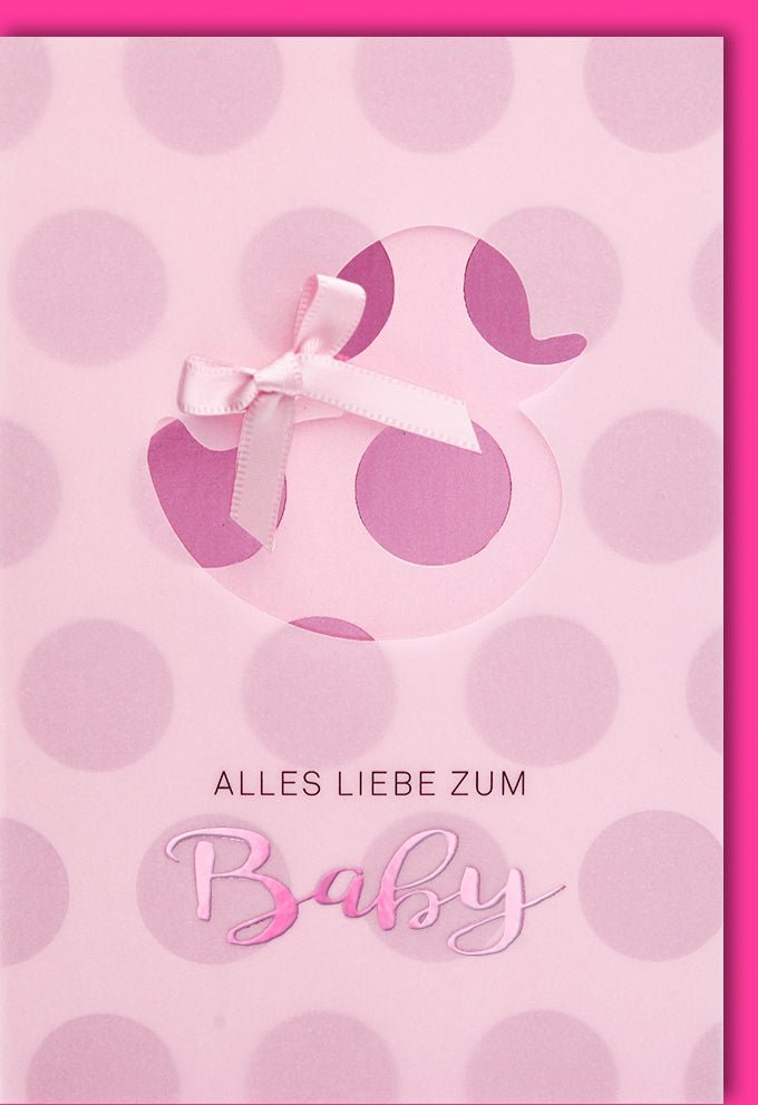Geburtskarte Baby Mädchen – Rosa Design mit Folienprägung & Schleife, elegantes Babygeschenk mit Umschlag. Herzlichen Glückwunsch zum Nachwuchs