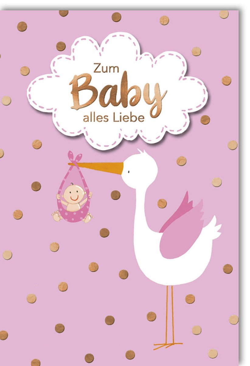 Geburtskarte Baby Mädchen: Rosa Storch & Folienprägung für liebevolle Glückwünsche mit passendem Kuvert & Applikation