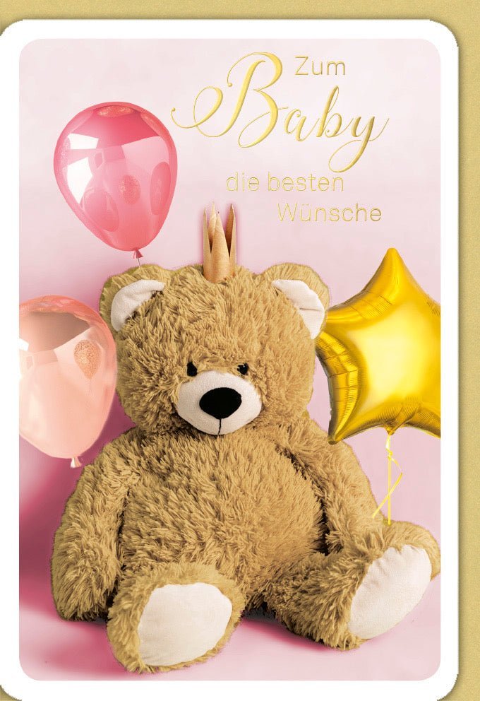Geburtskarte Mädchen: Rosa/Gold Teddybär & Ballons - Glückwunschkarte für Neugeborene, Babyshower & Gratulation