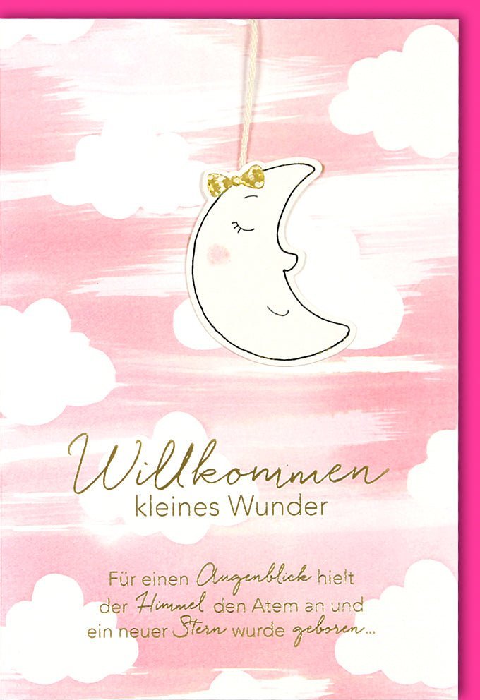 Geburtskarte Mädchen: "Willkommen kleines Wunder" – Elegantes Design mit Glitzer, Schleife & Rosa Wolken, inkl. Kuvert