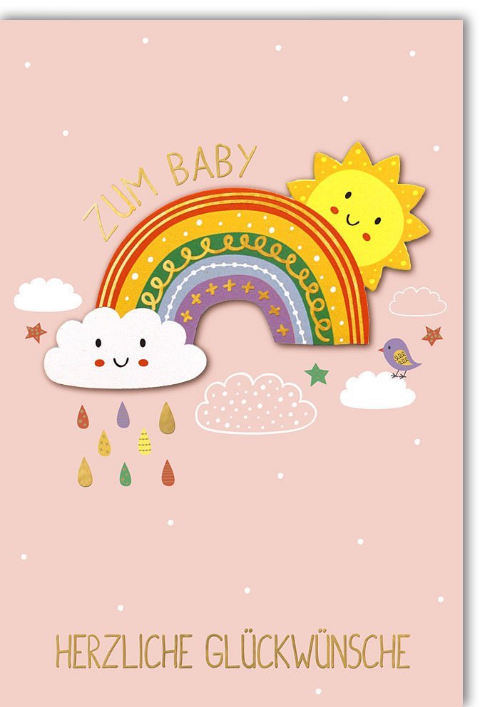 Geburtskarte Mädchen: Rosa Regenbogen & Sonne – Zauberhafte Babykarte mit Applikation & Folienprägung (Glücksmomente)
