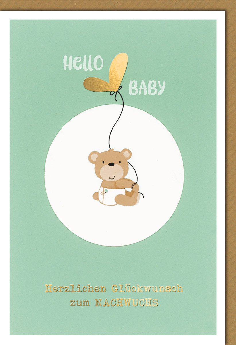 Geburtskarte Bär & Ballon: "Hello Baby" auf Grün – Herzlichen Glückwunsch zum Nachwuchs mit Folienprägung