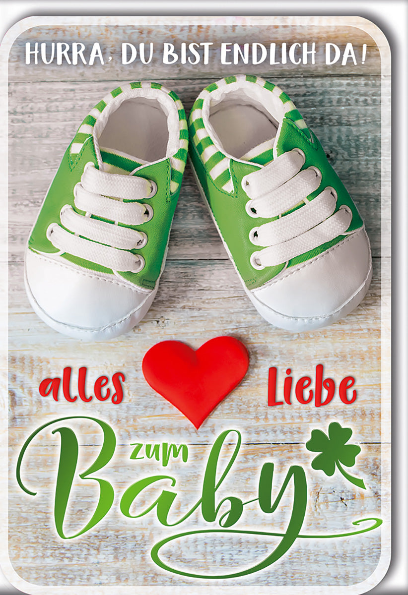Geburtskarte mit grünen Babyschuhen und Herzmotiv – Glückwünsche zur Geburt für Jungen und Mädchen