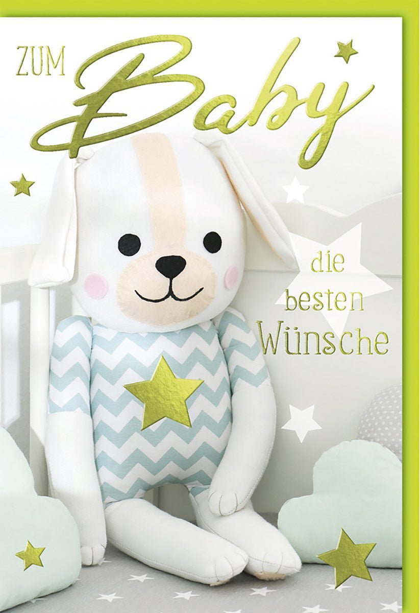 Geburtskarte Plüschhund & Sterne: Sanfte Babykarte mit Folienprägung – Die besten Wünsche für Neugeborene