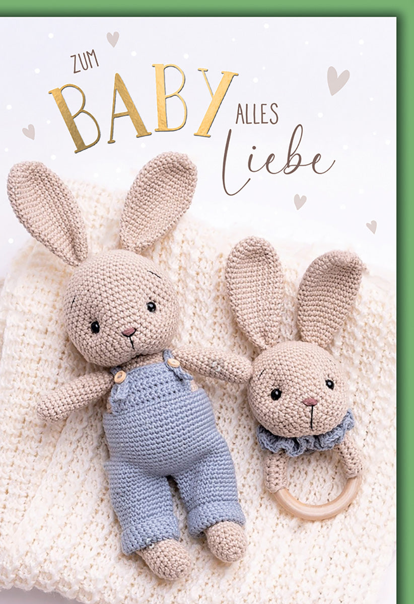 Geburtskarte: Niedliche Häkelhasen in Pastellfarben mit Herzmotiven – Liebevolle Glückwünsche zur Geburt
