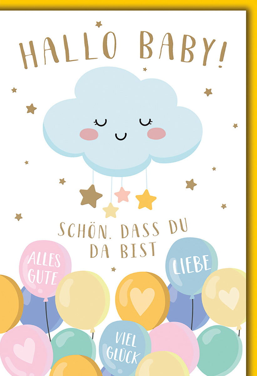 Geburtskarte: Niedliche Wolke mit Sternen und bunten Ballons – Perfekt für Neugeborene!