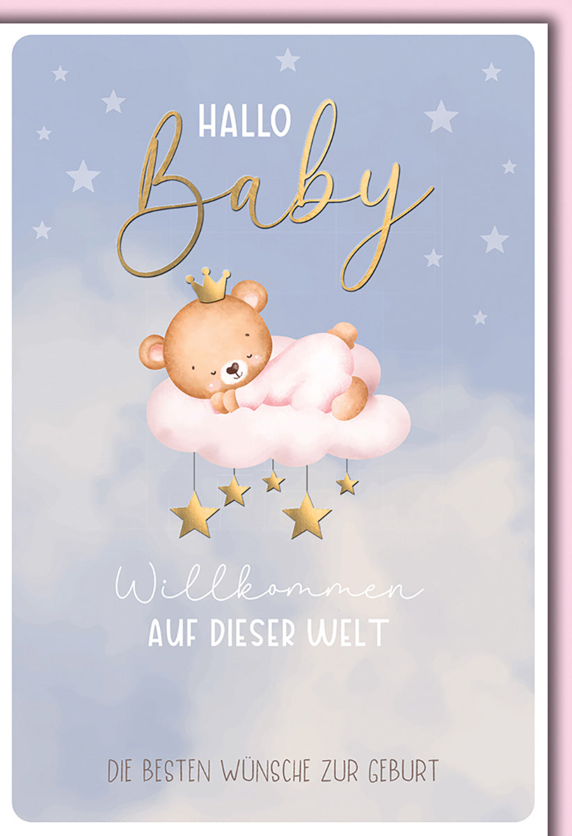 Geburtskarte: Niedlicher Bär auf Wolke mit Sternen, Pastellfarben – Perfekt zur Geburt eines Babys