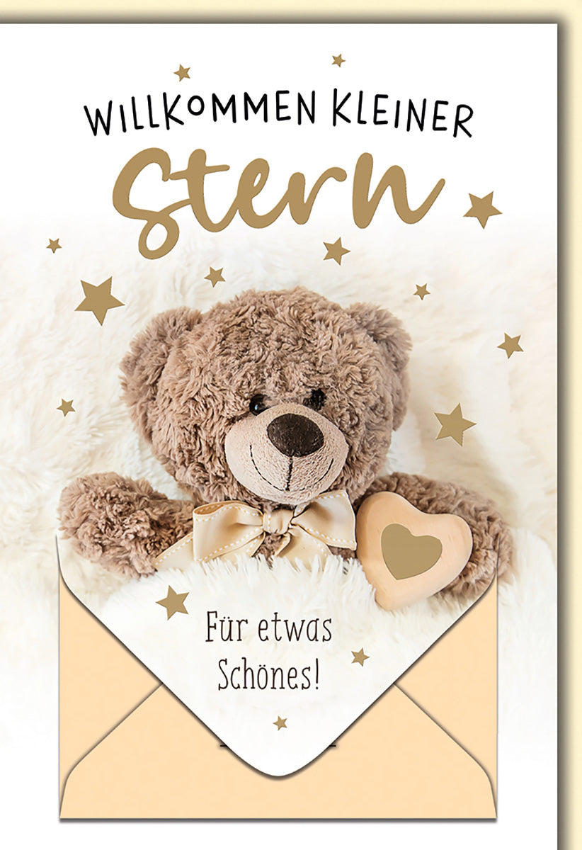 Geburtskarte: Niedlicher Teddybär mit Herzmotiv in sanften Beige- und Cremetönen für Neugeborene
