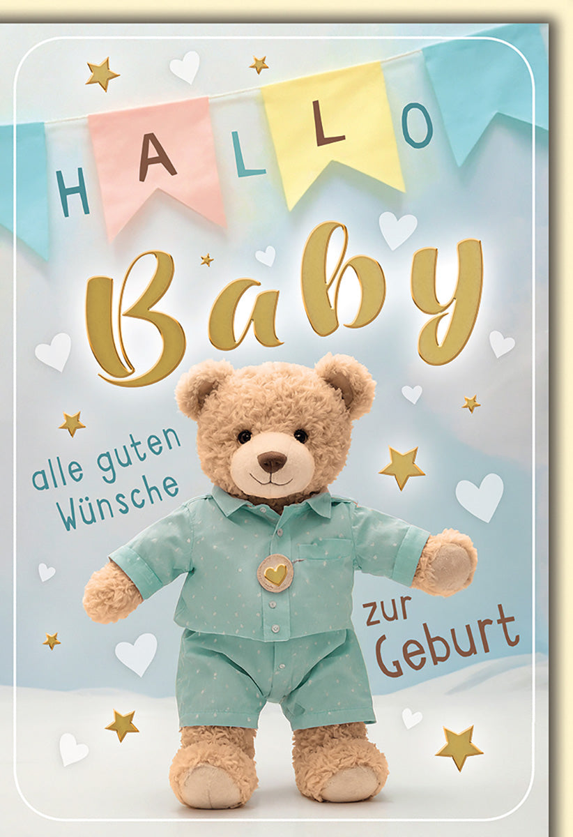 Geburtskarte: Niedlicher Teddybär mit Pastellfarben und Sternen für Jungen und Mädchen - Herzliche Grüße