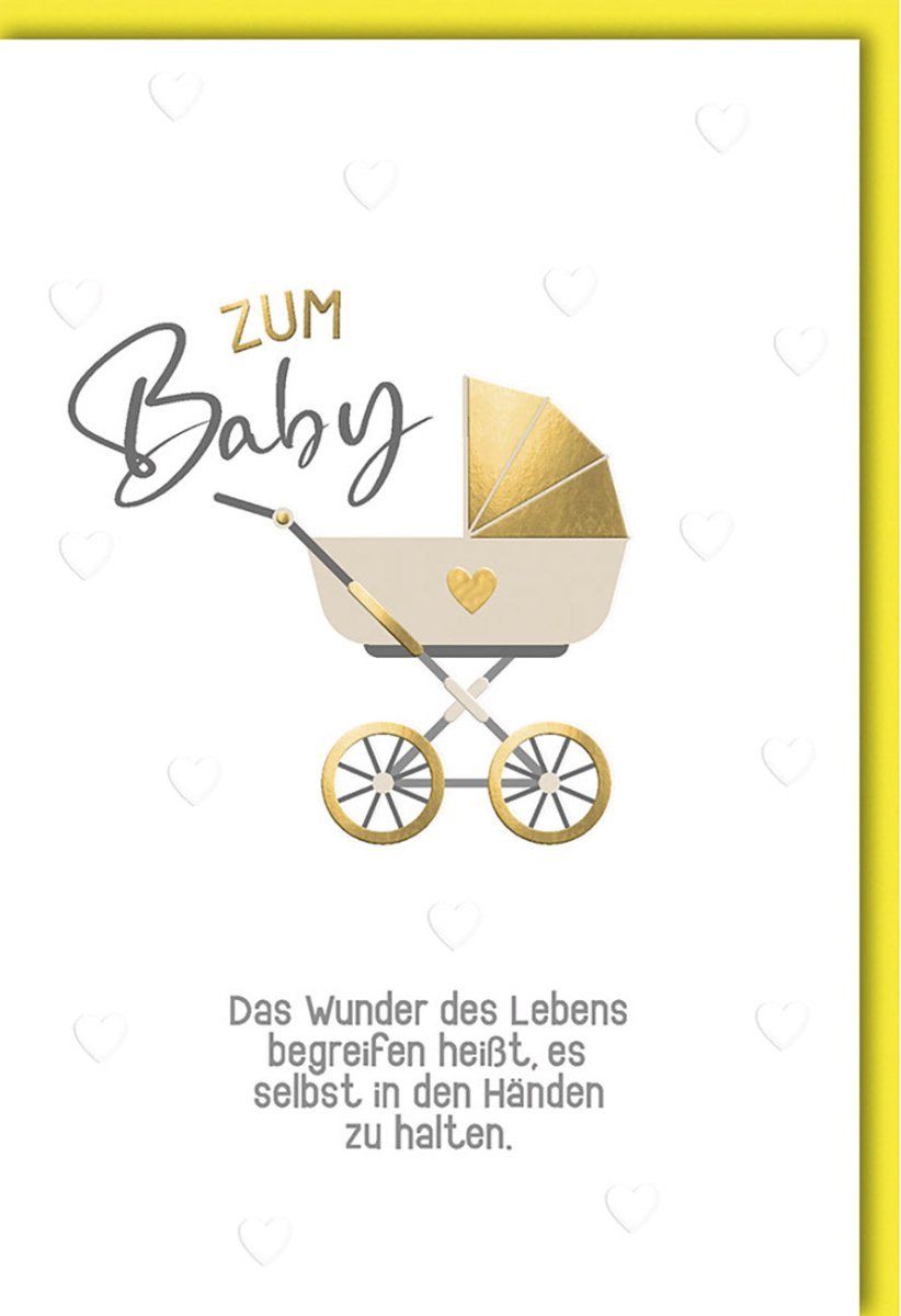 Geburtskarte – Elegante Karte mit Kinderwagen-Motiv, Goldakzenten, Blind- & Folienprägung auf Naturkarton, inkl. Kuvert