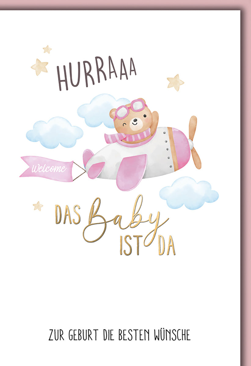 Geburtskarte: Süßer Bär im Flugzeug, Pastellfarben, Wolken & Sterne – Perfekt zur Geburt eines Babys